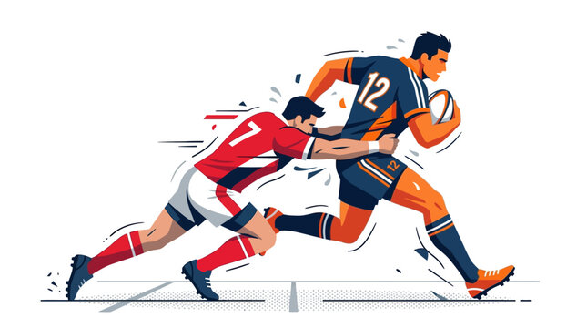 Rugby players in action: runner evades tackler, dynamic motion illustration
