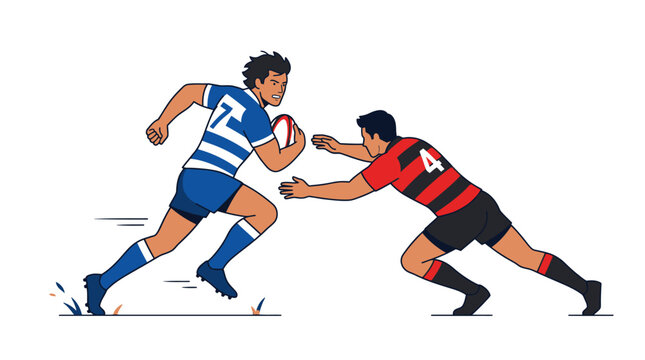 Rugby players in action, attacker carrying ball, defender lunging