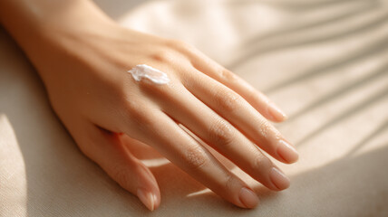 Naklejka premium close-up hand applying cream on smooth skin, soft natural light, clean beauty concept