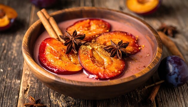 Spiced Plum Compote with Star Anise and Cinnamon Sticks in a Rustic Wooden Bowl