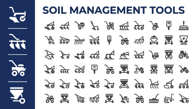 Collection of Farm Implements and Agricultural Equipment icons for soil management and cultivation