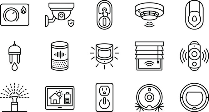 Smart home automation and iot security system line icon vector set with thermostat camera speaker alarm and vacuum