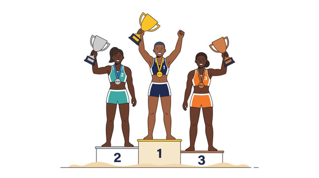 Diverse group of athletes celebrating victory on podium holding trophies and medals.