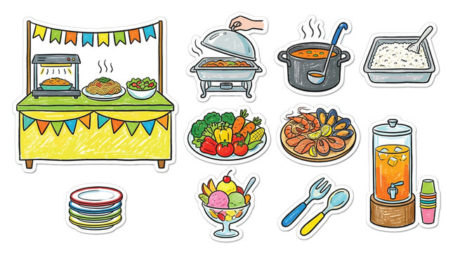 Collection of cartoon food and drink items for a buffet or party spread.