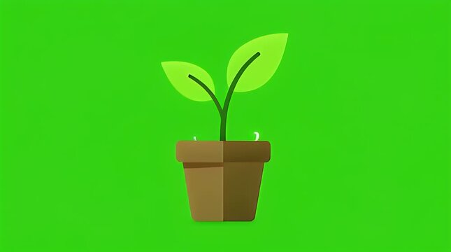 2D animation of minimalist green plant seedling growing in pot on green screen