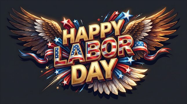 Happy labor day celebration with patriotic eagle wings and american flags