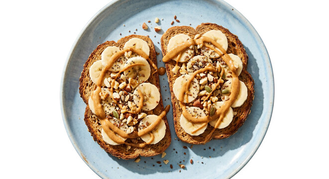 Top view of healthy peanut butter banana toast on a ceramic plate, topped with chia, flax, pumpkin seeds, and chopped nuts, isolated on a transparent background.