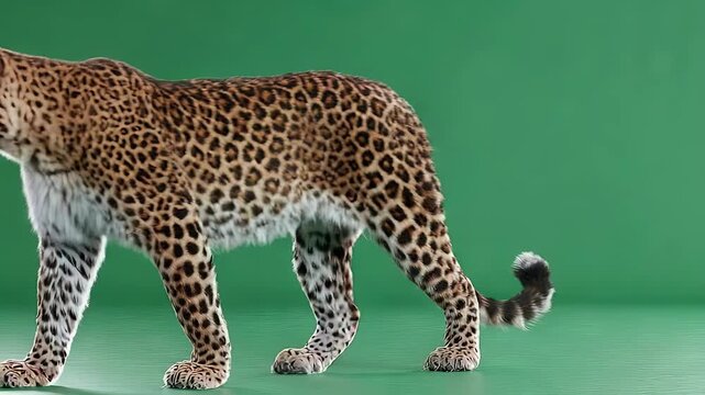 Leopard standing in profile against a solid green studio background