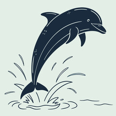 Navy Blue Dolphin Leaping out of Sea with Water Splashes on Pale Green Background © felesa11