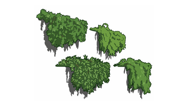 Four Pixelated Green Jungle Vines and Lush Foliage Assets for Gaming Backgrounds and Digital Art Projects, Capturing Overgrown Nature Textures