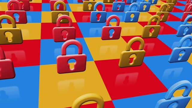 Conceptual image of cyber security and digital data protection multiple 3d symbol looped and seamless object pattern animation