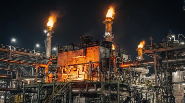 Medium shot of a catalytic reformer furnace area glowing under night skies with bright flare stacks illuminating the complex industrial scene.