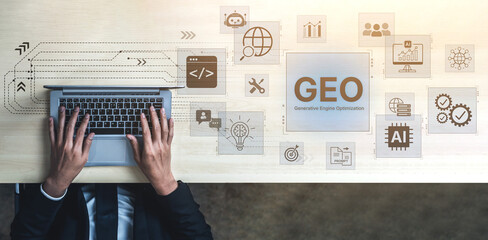 Obraz premium Digital marketing concept featuring GEO strategy, optimizing content for AI search engines and large language models. Evolution of SEO, brand authority, and AI citation visibility. Corpus