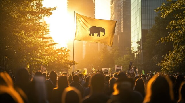 People marching with flag and banner during a protest rally