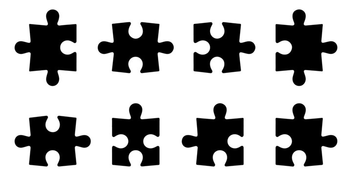 Puzzle Piece Silhouette Icon Collection Featuring Jigsaw Puzzle Elements and Matching Game Components Isolated Black Symbols