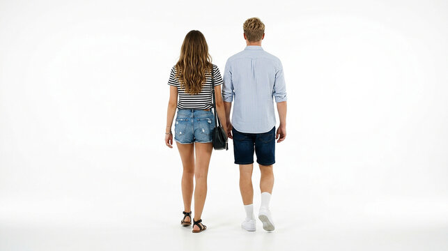 Young Couple Walking Away from Camera Isolated on White Background
