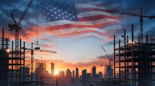Labor day construction skyline american flag over city building workers
