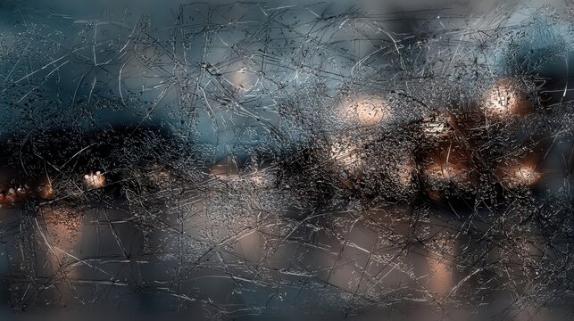 Abstract view through a rain-streaked window at night.