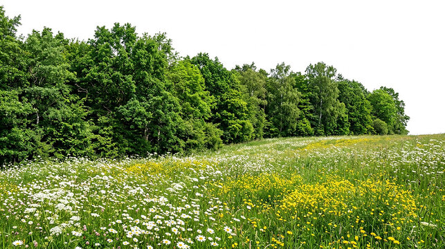 Lush Green Forest Edge with Wildflower Meadow and White Sky Background