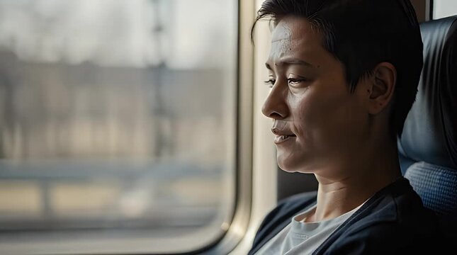 Close up of male passenger looking out window during daytime train commute