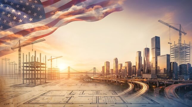 Labor day celebration american construction cityscape and patriotic flag overlay