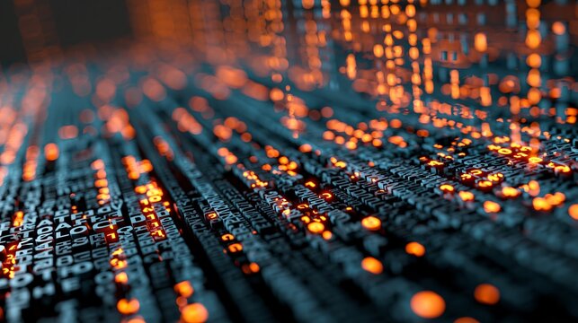 Glowing orange digital data streams flowing through a dark blue abstract computer code background environment