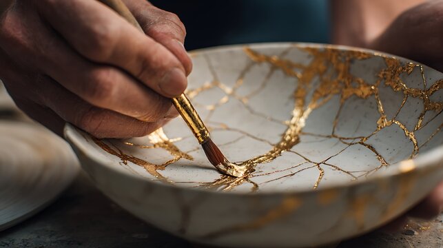 Kintsugi artisan repairing a broken ceramic bowl with gold lacquer.