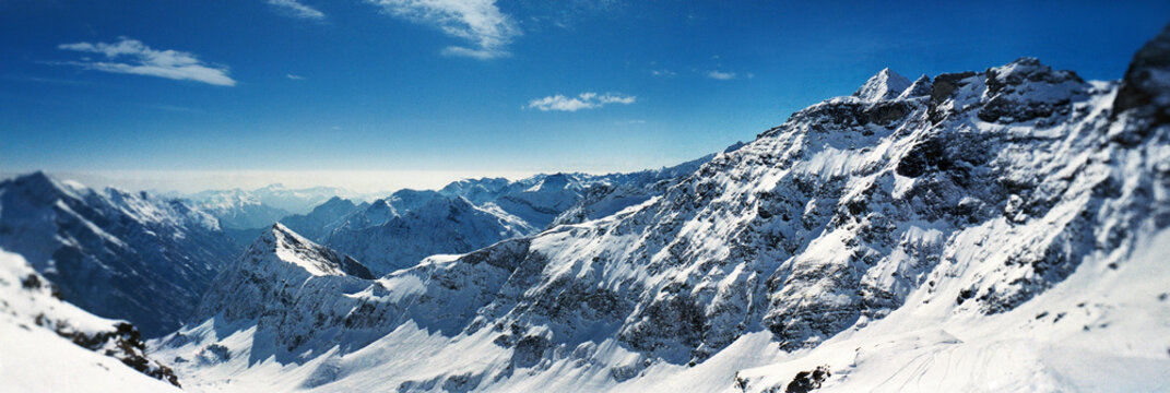 Panoramic view of Alagna Valsesia valley of the Italian Alps beneath Monte Rosa, Italy, Europe