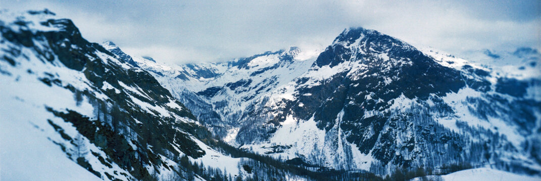 Panoramic view of Alagna Valsesia valley of the Italian Alps beneath Monte Rosa, Italy, Europe