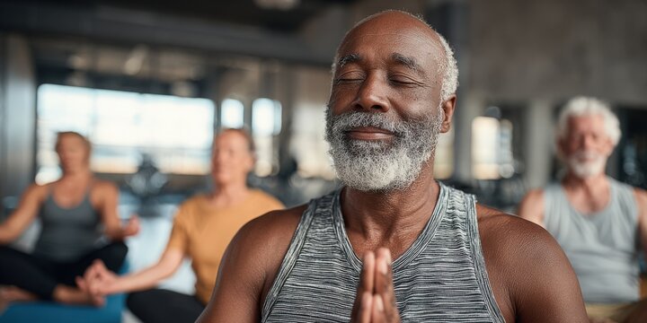 Senior man meditating in yoga class with group