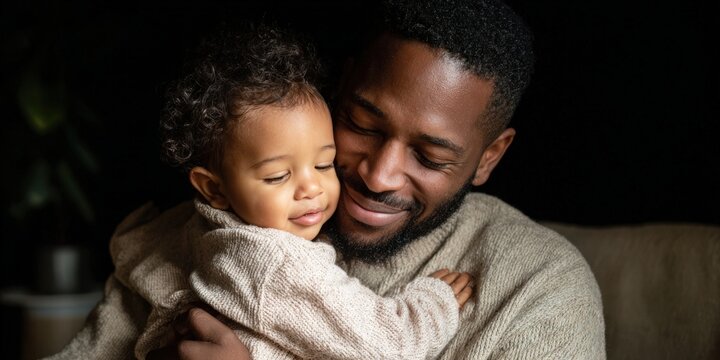 Loving black father embracing happy infant son