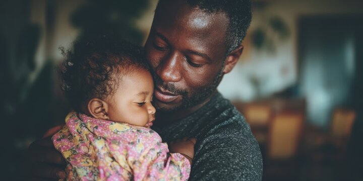 African american father holding sleeping baby with love