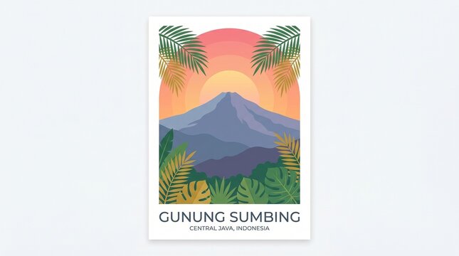 Gunung Sumbing Indonesian Landscape Illustration: A stylized illustration depicts the majestic Gunung Sumbing volcano in Central Java, Indonesia.