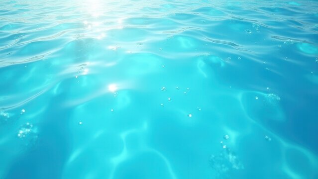 crystal clear blue water surface ripples splashes air bubbles summer light caustics background banner negative space design asset