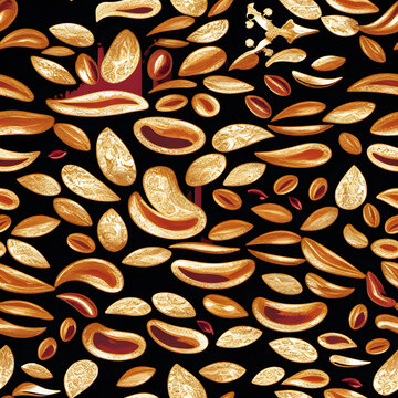 Luxury seamless pattern with scattered golden peanuts and abstract organic seeds on black background