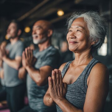 Active senior woman meditating with diverse group in yoga class
