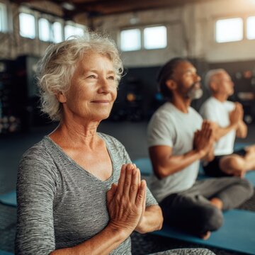 Senior woman meditating in yoga class for wellness