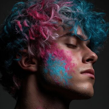 Young man with colorful powder on hair and face