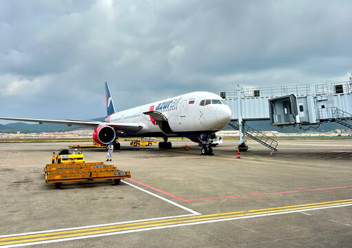 Boeing 767 passenger plane of Azur Air airways of Russian charter airlines in airport of Phu Quoc Island. Vietnam, Jan 21, 2026