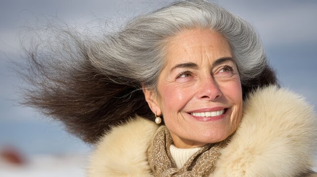 Silver Strands in the Wind: A radiant woman with flowing silver hair and a warm smile, bundled in a fur-lined coat against the winter chill, looks upwards with a hopeful gaze.