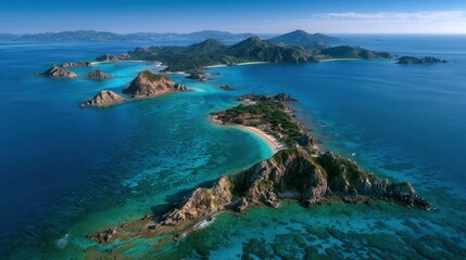 Naklejka premium Aerial view of turquoise waters and rugged islands