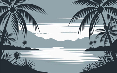 Obraz premium Dusk landscape with palm trees on a tropical beach shore landscape tropical vacation paradise mountains tranquil peaceful background illustration creative environment islandlife twilight