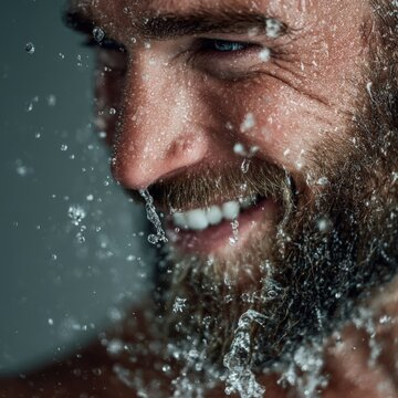 Man with beard enjoying invigorating water splash