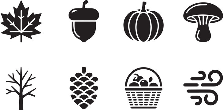 Autumn icons with leaves acorn pumpkin mushroom tree pinecone basket