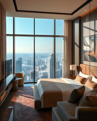 Obraz premium Luxury modern penthouse bedroom interior with floor to ceiling windows and city skyline view