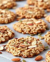 Fototapeta premium Close up of delicious oatmeal cookies with nuts and seeds