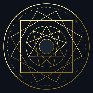 Minimalist golden sacred geometry enneagram symbol with intricate patterns on a dark blue solid background.