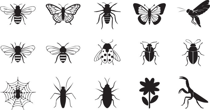black silhouettes of various insects and a flower on white background