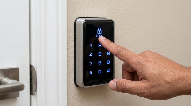 Man pressing button on electronic security alarm keypad at home door. Digital access control system for residential entry. Innovative home safety technology and smart home protection.