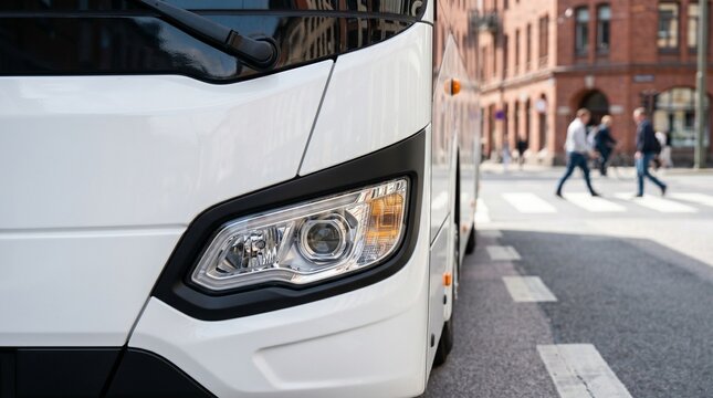 White bus parked on city street with pedestrian crossing. City tourist coach for urban infrastructure commute.